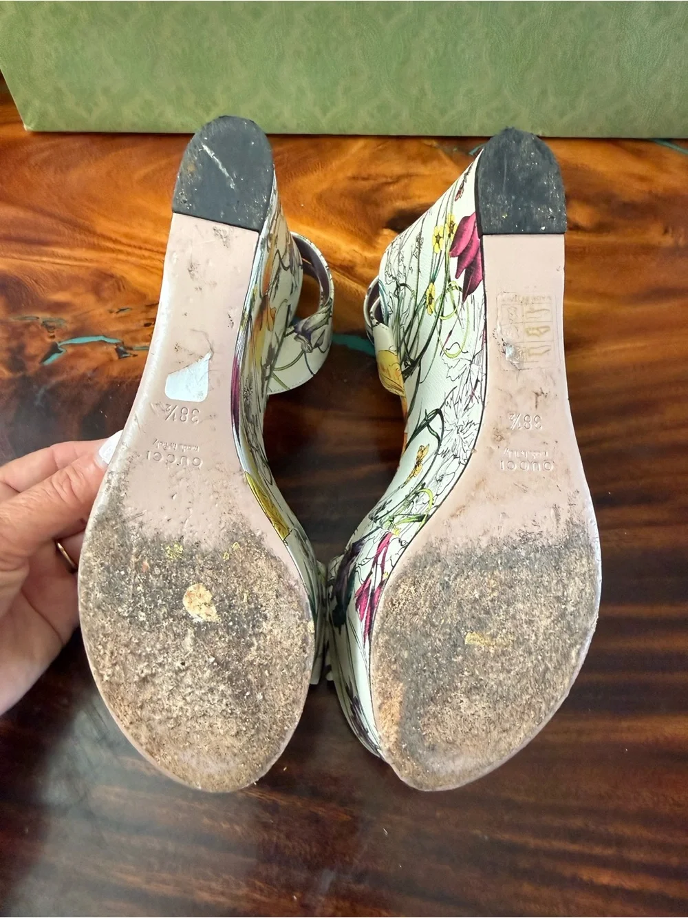 Gucci Floral Platform Sandals in White with Lavender Insole and Gold Hardware